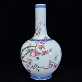 清乾隆年青花加彩花鸟纹天球瓶