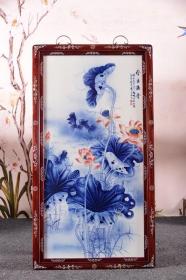 王步彩绘红木框镶精品细工青花釉里红瓷板画《金玉满堂》中堂竖挂屏
