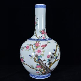 清乾隆年青花加彩花鸟纹天球瓶