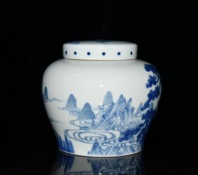 清代乾隆青花山水茶叶盖罐