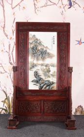 珠山八友之汪野亭作品赏析精品红木雕刻对联框镶粉彩山水《石谷飞泉》竖插座屏