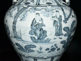 明代洪武青花三顾茅庐大盖罐一对