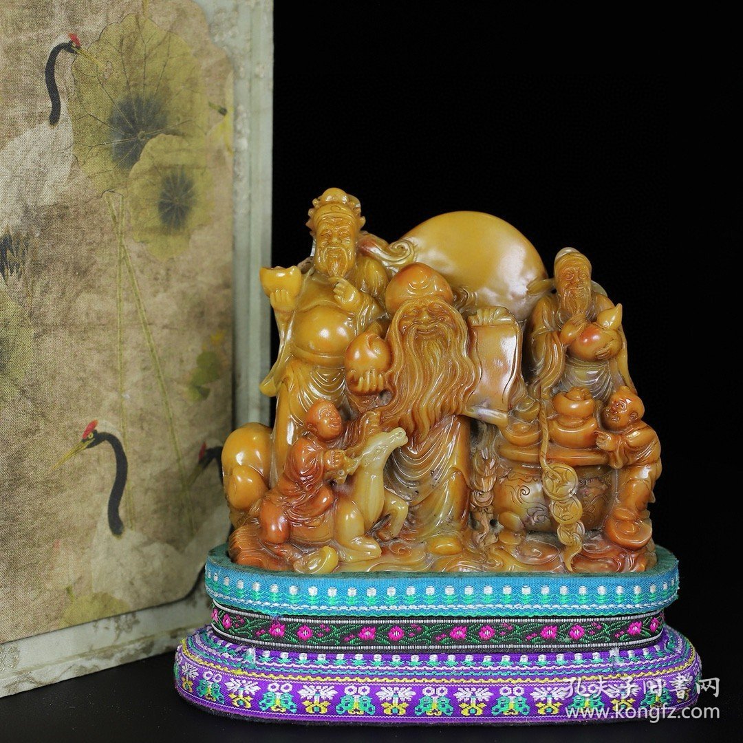 珍藏寿山石福禄寿三星印章摆件 净重1386克