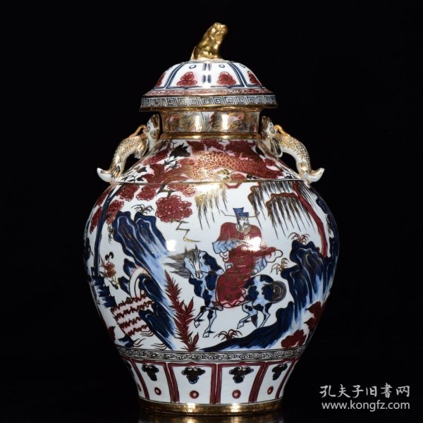 元青花釉里红成吉思汗款鬼谷子纹描金盖罐