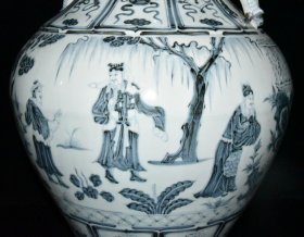 明代洪武青花三顾茅庐大盖罐一对