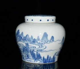 清代乾隆青花山水茶叶盖罐