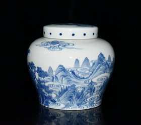 清代乾隆青花山水茶叶盖罐