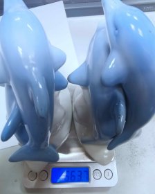 老陶瓷摆件 海豚 蓝青色 一对 手份重 14*10.5*6cm