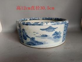 乡下收的 清代 青花瓷山水 瓷盆