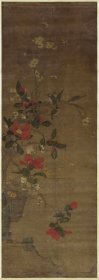 山茶梅花图 工笔花鸟画 56x157.5cm 绢本