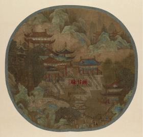 宋 夏明远 楼阁图 团扇小品 45x47cm 绢本  1:1国画复制品  定制产品不支持退货