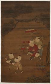 明 尤求 婴戏图 童子嬉戏  69x114.3cm 绢本 名画复制 定制产品不支持退货