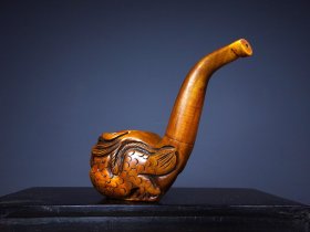 旧藏花梨木精工雕刻 双龙献瑞 烟斗 重量：330g
