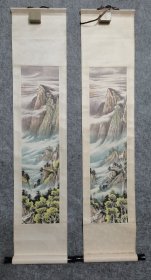 旧国画山水挂轴 两幅打包合售 原稿手绘真迹 无款山水 手工裱（画心尺寸68*16厘米*2件）