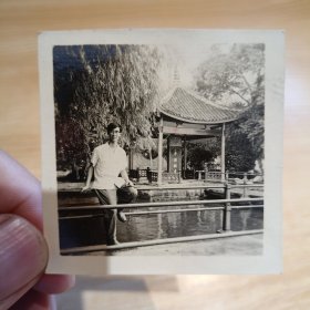老照片-六十年代帅气青年在杭州西湖平湖秋月留影（身后“平湖秋月”碑亭清晰可见）