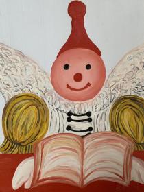 王若伊作品，《小丑系列》之手持翻书的天使小丑。