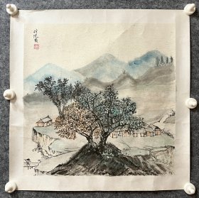 方炳燊先生手绘国画山水画  斗方《仿沈周山水图》50x50cm