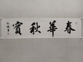 胡铁军，兰亭书法社社长，民进开明画院院长，胡铁军书法《春华秋实》35*138cm，软片。（保真书画）