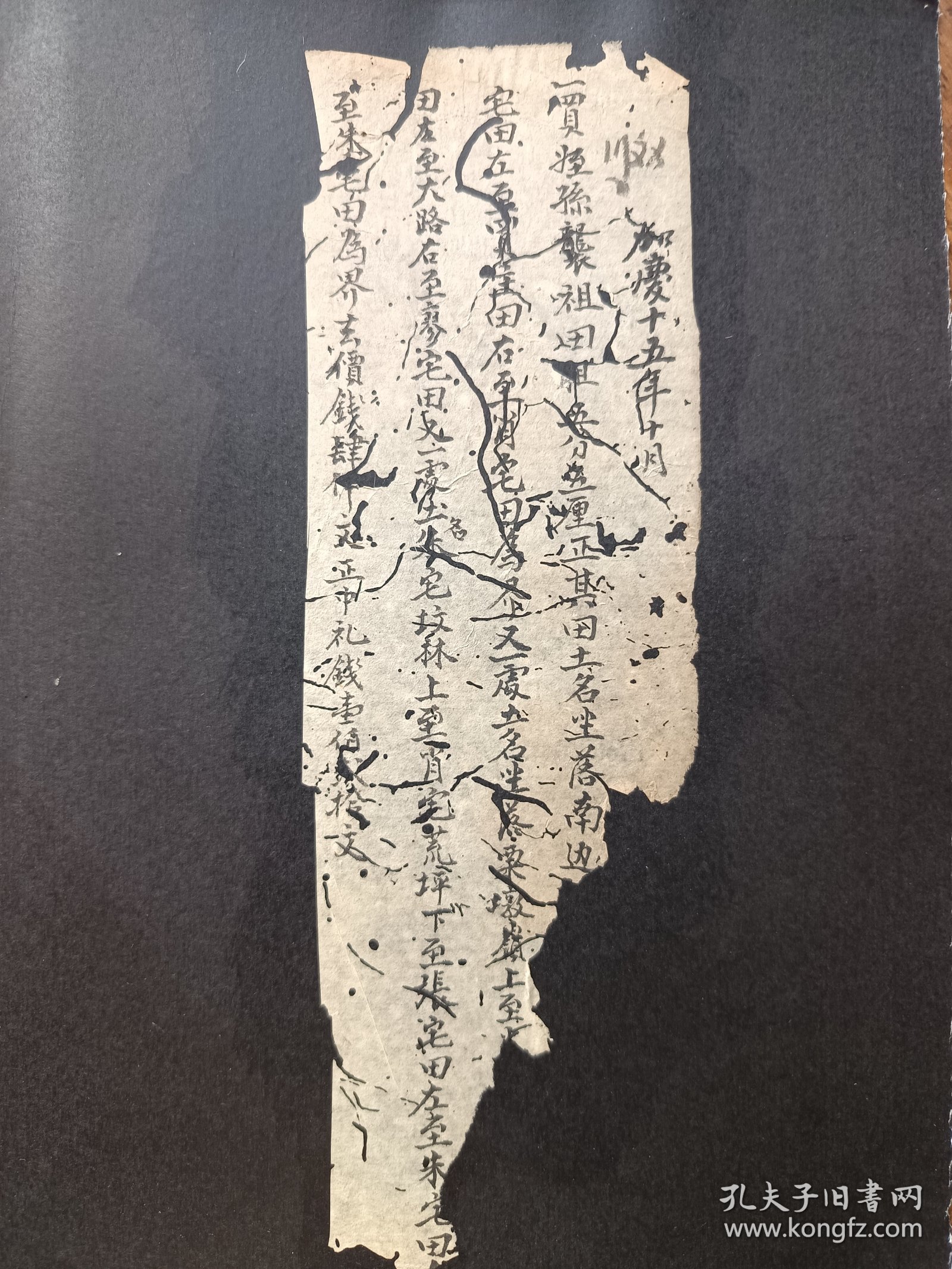 清代嘉庆年毛笔小楷地契残纸两页，托裱在黑卡纸上在，品一般，包快递发货。