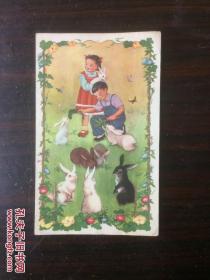 五六十年代贺年片1枚 ： 养兔！片33！方菁作！画面好看！