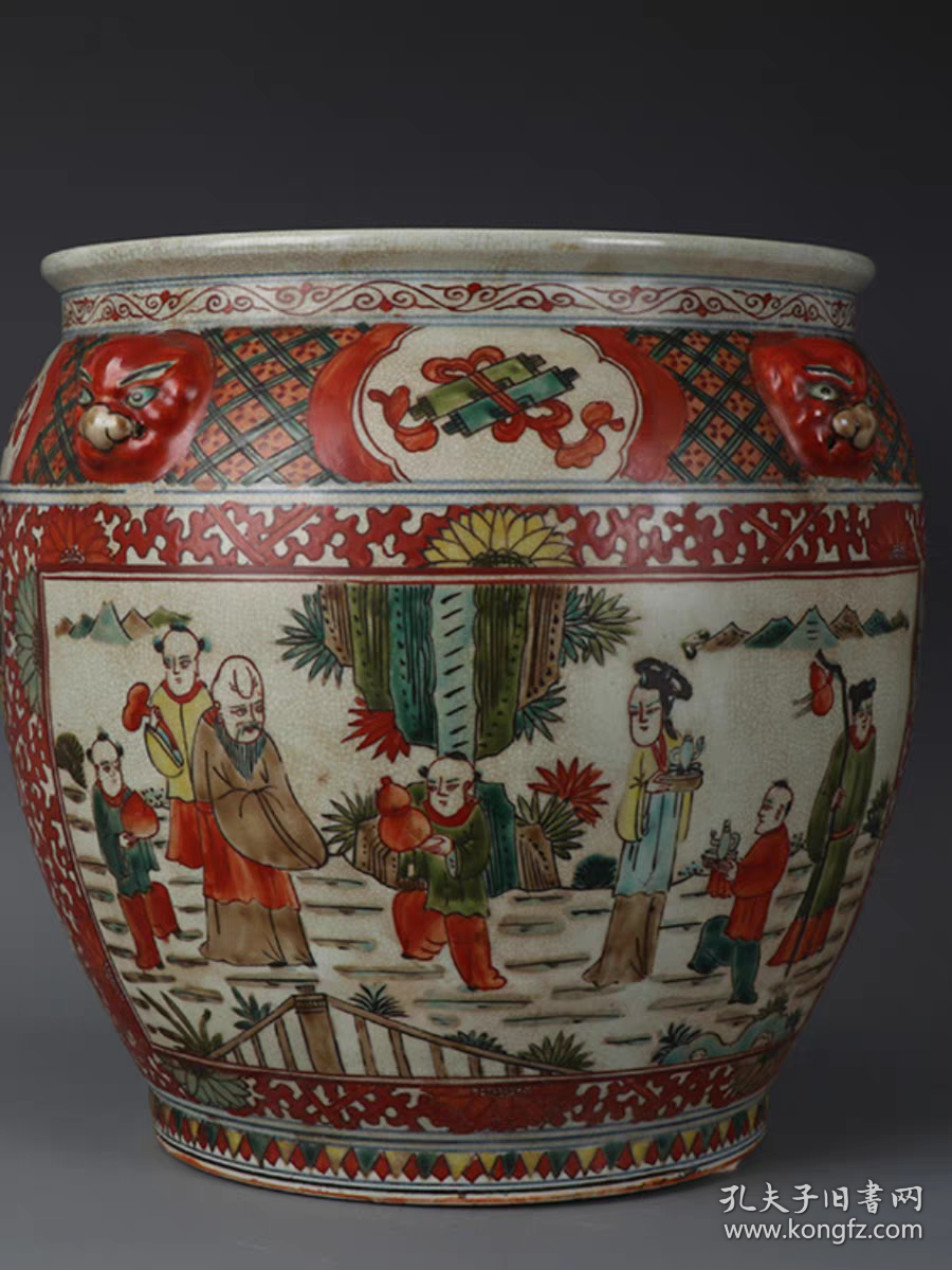 明五彩寿星狮耳卷缸