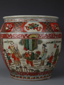 明五彩寿星狮耳卷缸