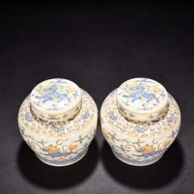 明成化蓝彩描金飞象纹夜光罐（萬贵妃铭文） 高14.8厘米 宽15厘米
