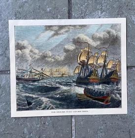 西洋欧洲回流清代明代清末明初19世纪1860年大海上的英国舰队版画地图。品如图，古董级收藏精品，超级珍贵稀有 精美详细史料收藏装饰画原件 极精美珍贵稀有。一物一图看好拍无退换 19世纪的欧洲版画，“加迪斯前方的英国舰队”，纸张尺寸14，11厘米，超精美手工上色，