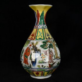 元张文进造古相博陵第款五彩描金三顾茅庐人物故事纹八棱玉壶春瓶 高45cm 直径27cm