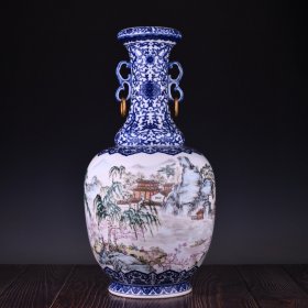 清乾隆青花粉彩通景桃花源纹双耳活环大瓶