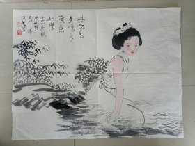 来汶阳水墨手绘人物画一副，尺寸48x37厘米