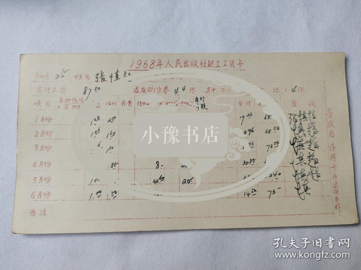 1968年人民出版社职工工资卡:著名编辑张慎超,1到6月份工资,其中张慎超签字六处,