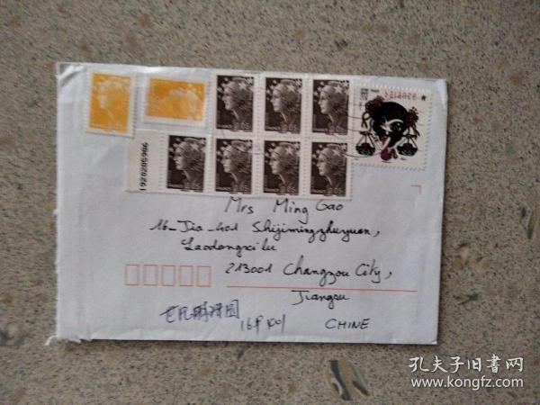 法国寄中国常州实寄封(贴10枚邮票)