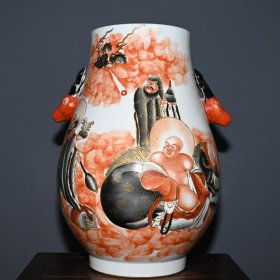 大清咸丰年制矾红古彩罗汉纹大号鹿头尊。lxl 高度：33厘米 宽度：22厘米