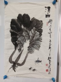 天津画家孙放，水墨手绘花卉一副，品相稍差，尺寸68x46厘米，