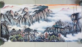 山水画，国画山水画，白云红树，很有意境，小写意画法，皴法点染，老师云雾刻画的非常漂亮，纯手绘，假一赔万，正面一幅画，背面一幅画，都是本人精心收藏的，支持三方鉴定，内蒙古省美协王宝军老师的原创大作，实际画的比照片拍出来要漂亮的多，笔法苍劲有力，浓淡干湿焦，行云流水。1.5米×70的，大四尺的，家里客厅，沙发背景墙，书房都可悬挂。