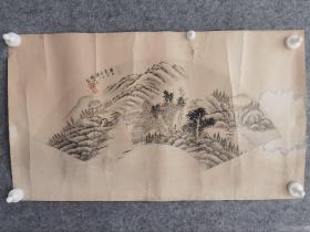 625s杨伯润，山水扇面品相差，如图瑕疵，有裂水渍，尺寸64x37