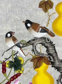 国画 小写意花鸟。知名画家 司曼如 三尺整张（50/100厘米）。《福禄满堂》保真迹！（室内实物拍照。）边缘有小破损。低价。介意勿拍。