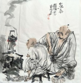 人物画名家杨循《煮茶图》52×48cm，宣纸，写意画中国画精品，适合挂茶室、卧室、客厅送人，画家本人亲寄保真 杨循 中国美术家协会会员 四川省美术家协会人物画专委会委员 四川省政协书画院人物画专委会委员 嘉州画院副院长四川工笔画学会乐山分会会长 作品十余次入选全国美展，曾获第二届全国少数民族美术作品展“铜奖”，第二届全国工笔山水画展“铜奖”，第六次中国美协会员精品展“优秀奖”