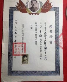 (首见)皖北护士/1953年皖北人民行政公署护士助理员训练班(结业证书)