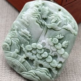 平安无事山水圆牌挂件男女款松下老人高山流水吊坠玉石