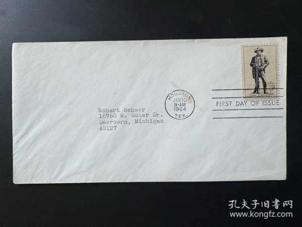 1964年美国邮政官方发行的 萨姆·休斯顿逝世100周年（1863-1963）纪念邮票首日封（FIRST DAY OF ISSUE)