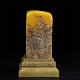 旧藏木盒寿山石微雕龙腾四海薄意印章