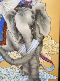 王大凡作品红木镶瓷板画粉彩人物骑象观音挂屏 高90厘米宽53厘米