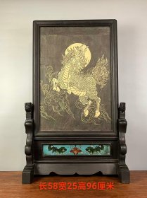 旧藏【麒麟祥云】楠木插屏，尺寸较大，麒麟图为碑刻拓片，底部彩绘双狮图案，双狮香炉图案手绘玻璃上，整体保存完整，品相尺寸如图！