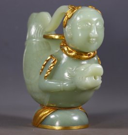 旧藏和田玉包金人鱼壶