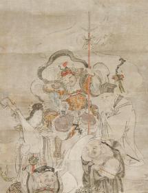 七福神古董级老画 (已请，供鉴赏)甲寅年(1854年) 仲春月 应需作品 画心为老纸本，外装裱为新装，木轴，纵194Cm横46Cm，画中七福神笔法细腻，入细致三昧，非凡品，虽年代久远，有折痕，色泽已入暮，但就需这种怀旧三摩地，因是甲寅年所画，所以整画以毗沙门天为主，其余六神为辅，寿老人乘鹤而来，惠比须乐在勾红绸，布袋弁天福禄相依和睦，特别是大黑天财神的愉悦与锦甲多闻天的威势相得益彰，十分出釆。