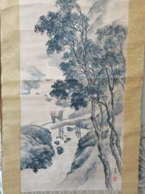 设色纸本立轴老画原装原裱山水，画工一流，署名玉华，画面品相保存完好，左边轴头已掉
