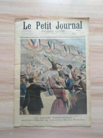 法国画报古董报纸小日报1901年7月14日法国国庆节刊，特别报道法国赛车手亨利傅立叶赢得巴黎柏林汽车赛冠军，封面为法国举办的巴黎柏林汽车赛胜出选手达到终点站。底部封面为辛丑条约签订以后，法军的朱尔夫军团即北非雇佣军团撤出天津。