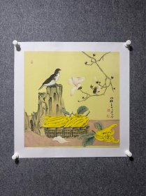 管仁余画家三尺斗方绢本丝绸花鸟工笔画佛手花太阳花松树树卧室画床头挂画走廊画茶室画可批发可零售